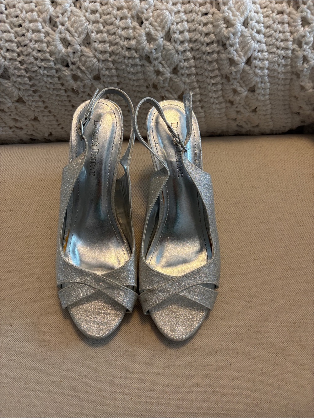 David’s Bridal Silver Glitter Peep-Toe Slingbacks
